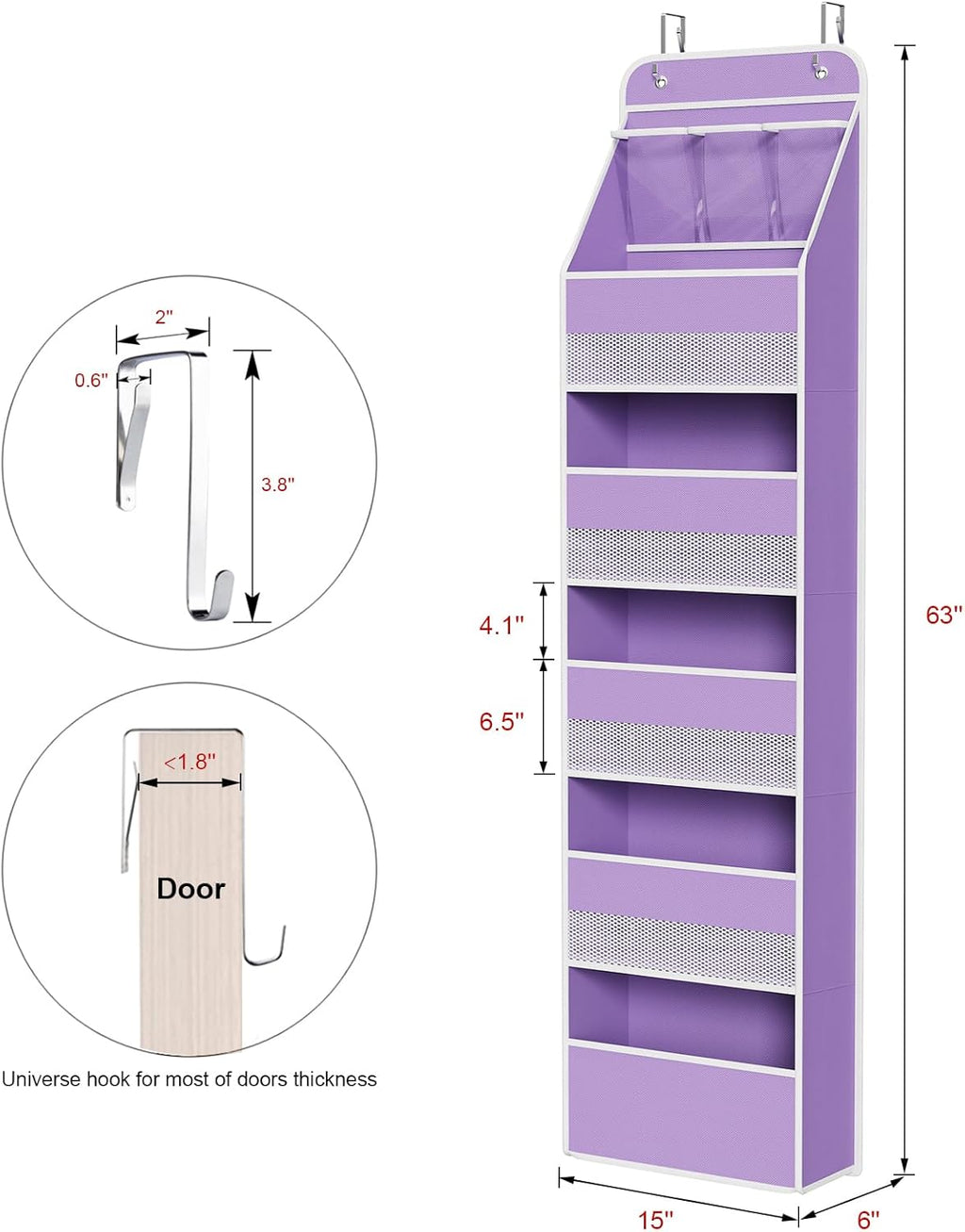 Univivi 6-Shelf Over Door Hanging Organizer Fabric Baby Door Storage with 5 Large Pockets and 3 Small PVC Pockets Wall Mount Hanging Storage Organizers for Baby Essential (Purple)