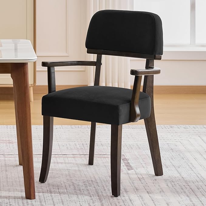 Velvet Dining Chairs with Arms Set of 2, Upholstered Dining Room Chairs with Hardwood Legs & Open Curved Backrest,Modern Accent Kitchen Chairs 350 LBS Capacity, Black
