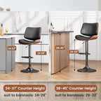 Swivel Bar Stools Set of 1, Adjustable Bentwood Barstools for Kitchen Counter, Modern PU Leather Upholstered Bar Chair with Back and Footrest, for Kitchen Island, Bar, Dining Room, Black