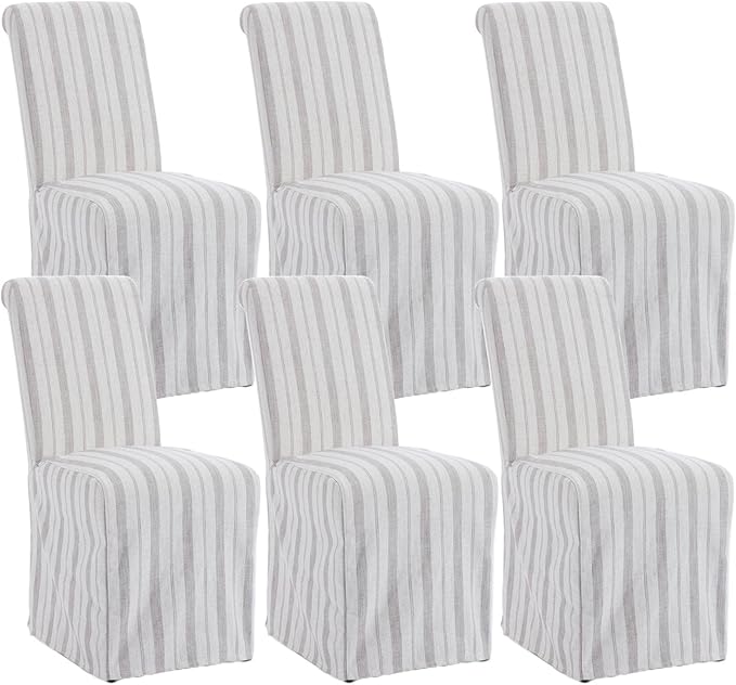 Upholstered Parsons Dining Chairs Set of 6 Slipcoverd Linen Fabric Kitchen Chairs with Removable Skirt, High Back Side Chairs with Solid Wood Legs for Dining/Living Room, Banquet, Khaki