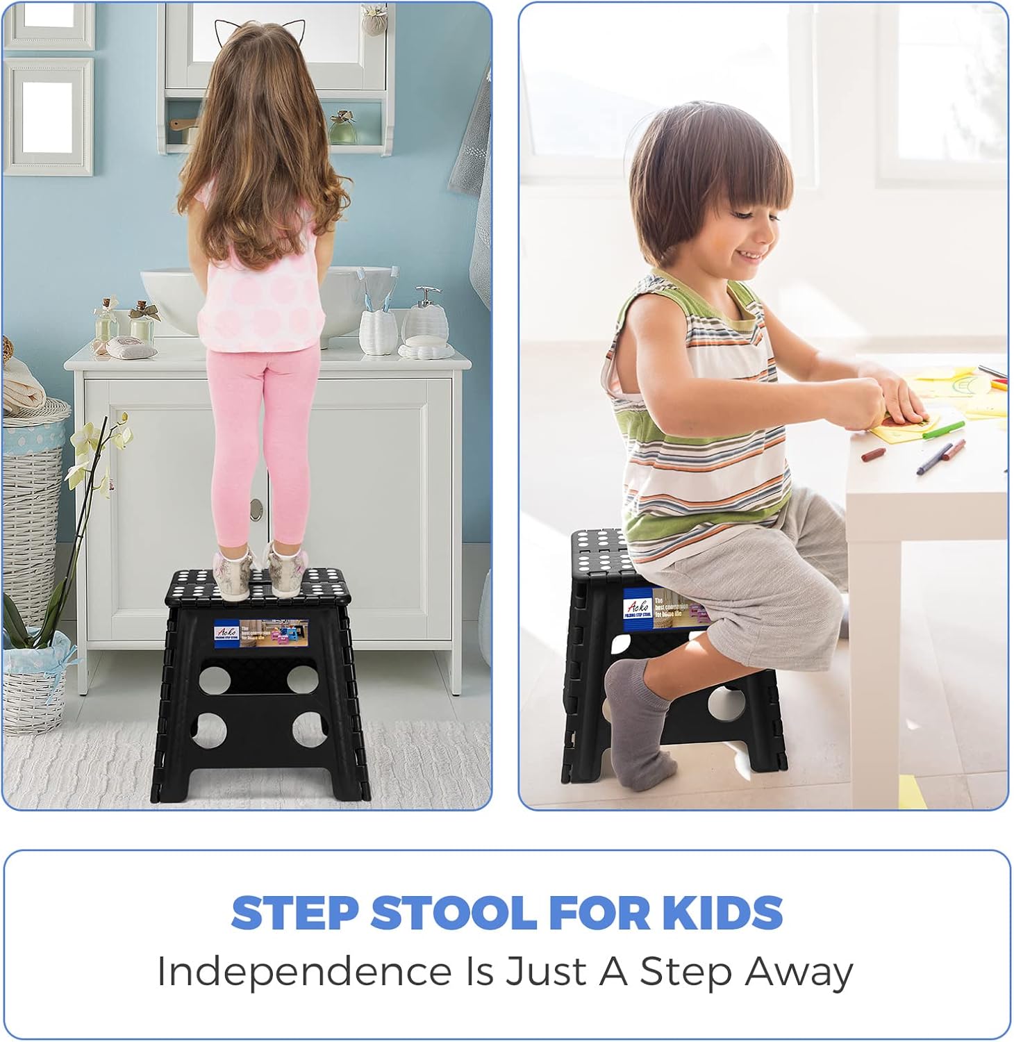 ACKO 13 Inch Folding Step Stool 3-Piece Set, 300 LB Capacity Plastic Foldable Stools with Handle, Non-Slip Bundle (Black & Black & Gray)