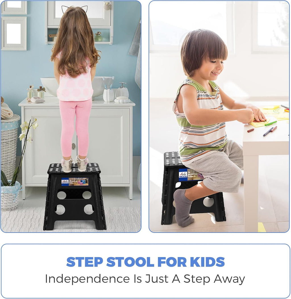 ACKO 13 Inch Folding Step Stool 3-Piece Set, 300 LB Capacity Plastic Foldable Stools with Handle, Non-Slip Bundle (Black & Black & Black)