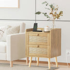 Rattan Nightstand with Charging Station Set of 2, Mid Century Modern Bedside Side Table with 2 Drawers, Boho End Table with Wood Legs for Bedroom Natural Night Stand for Living Room