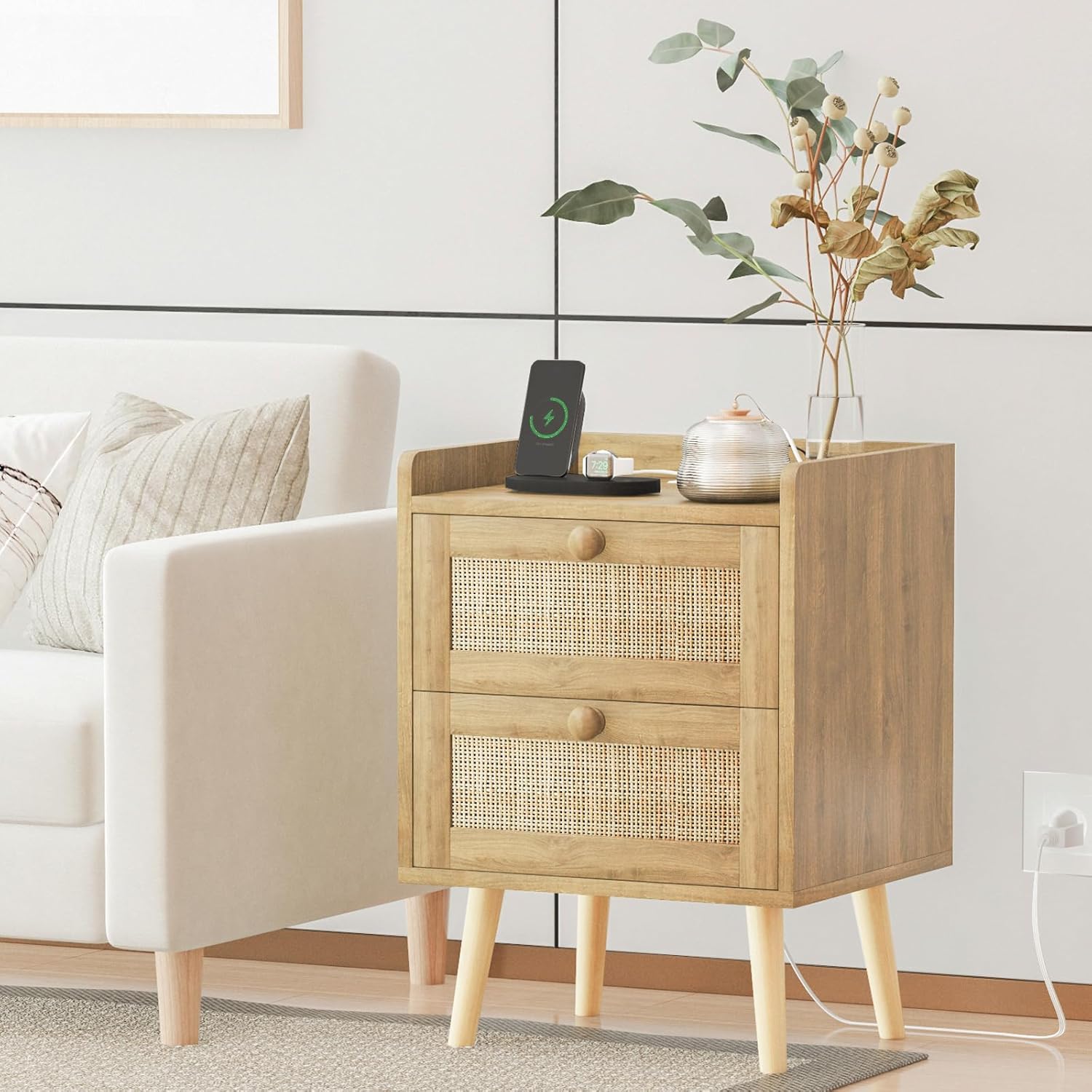 Rattan Nightstand with Charging Station Set of 2, Mid Century Modern Bedside Side Table with 2 Drawers, Boho End Table with Wood Legs for Bedroom Natural Night Stand for Living Room