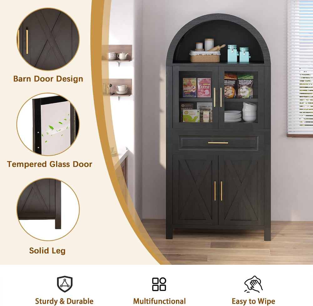 Farmhouse Tall Arched Kitchen Pantry Cabinet with Glass Barn Door – Adjustabl...
