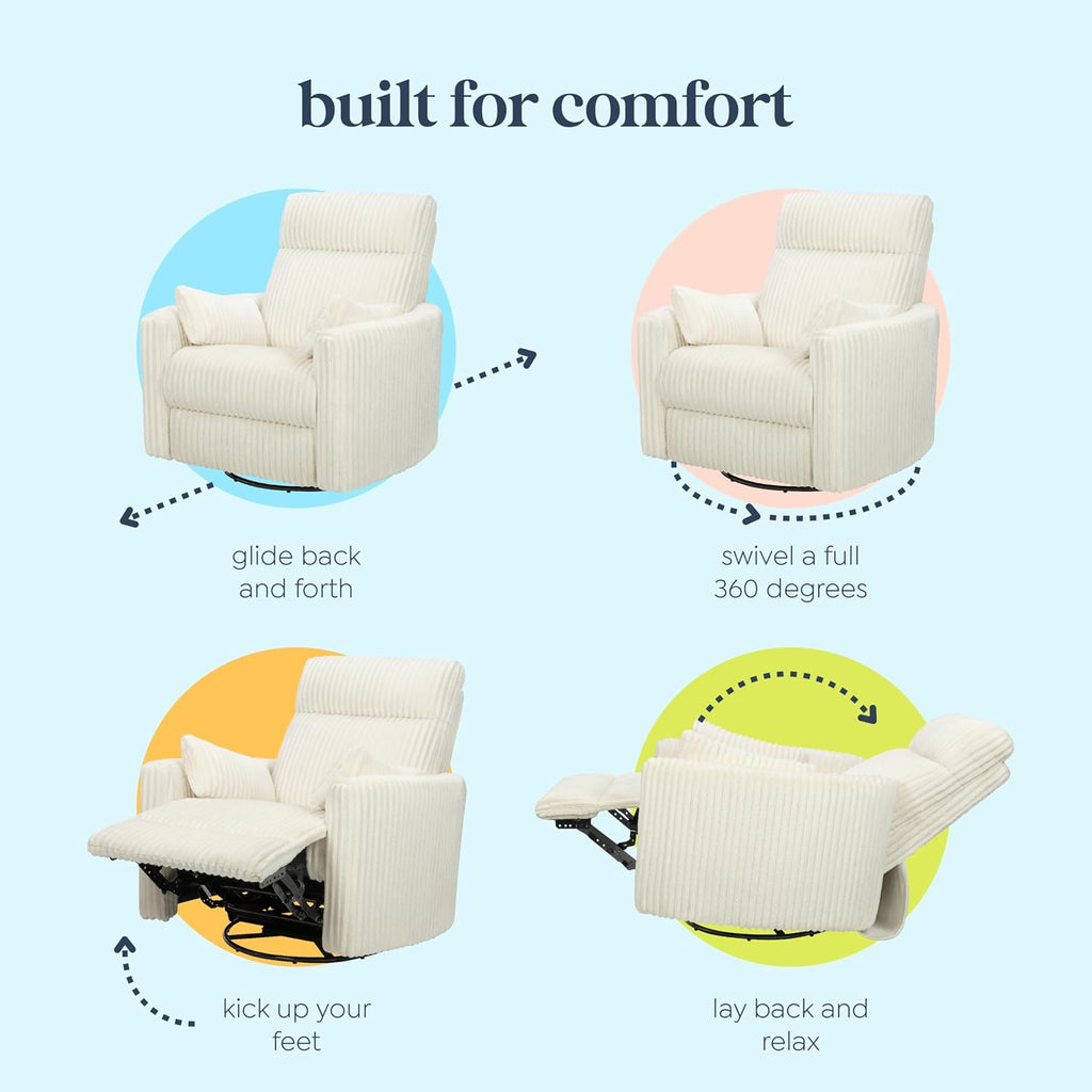 Davinci Atlas Upholstered Recliner and Swivel Glider in Cream Cozy Corduroy | Nursery Glider Chair with High Back, Padded Armrests, and Bolster Pillows | Smooth Recline for Nursing and Feeding