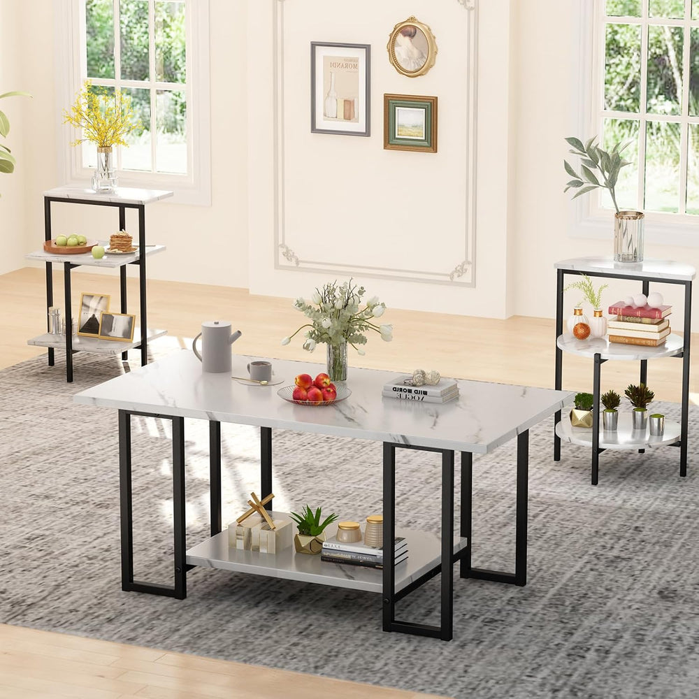 AWQM Coffee Table Set, Faux Marble Table & 2 Side Table, White & Blac...