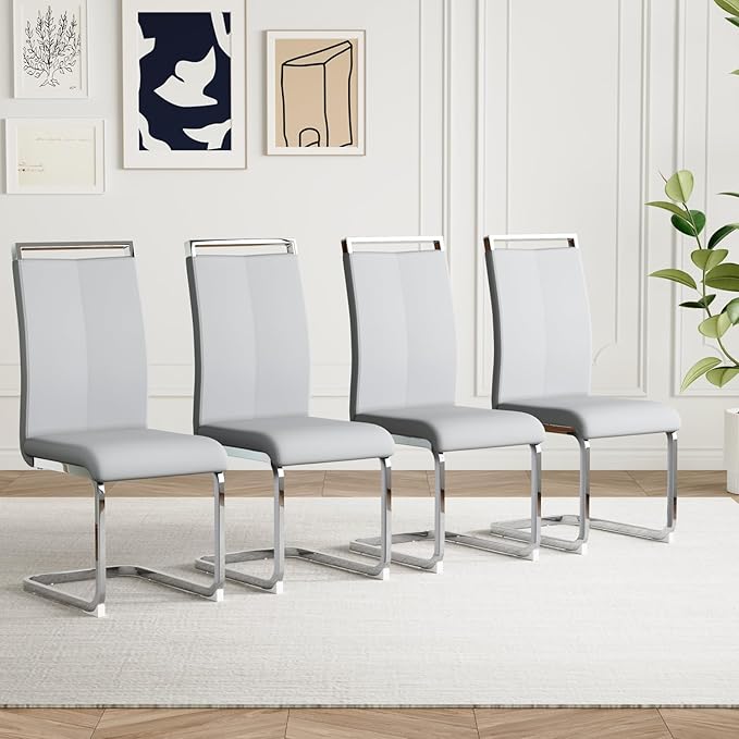 AZmac Modern Leather Dining Chairs Set of 4,Armless Kitchen Chairs,Dining Room Chairs with Upholstered Padded Seat and Sturdy Chrome Legs for Dining Room,Kitchen (Set of 4, Warm Grey)