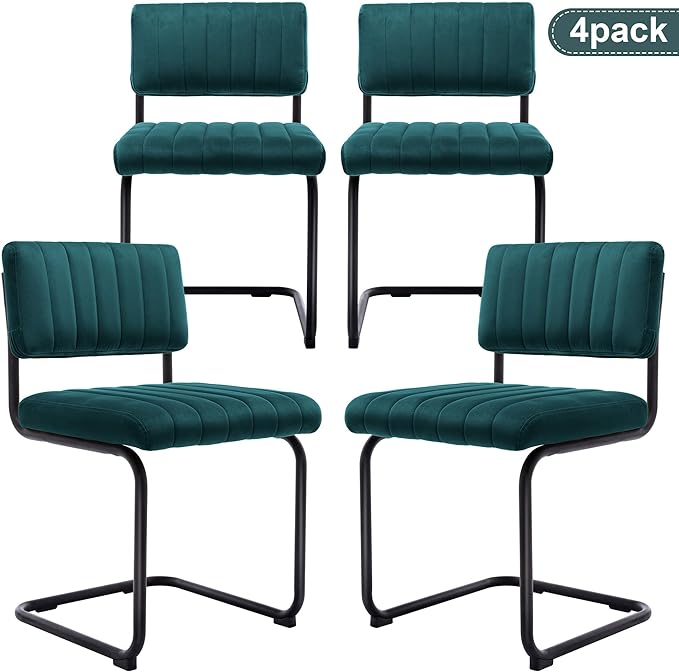 ONEVOG Modern Luxury Velvet Dining Room Chairs Set of 4, Teal Upholstered Kitchen Chairs, Heavy Duty Contemporary Armless Dining Chair with Wide Comfy Seat and Black Metal Legs, Cantilevered Design