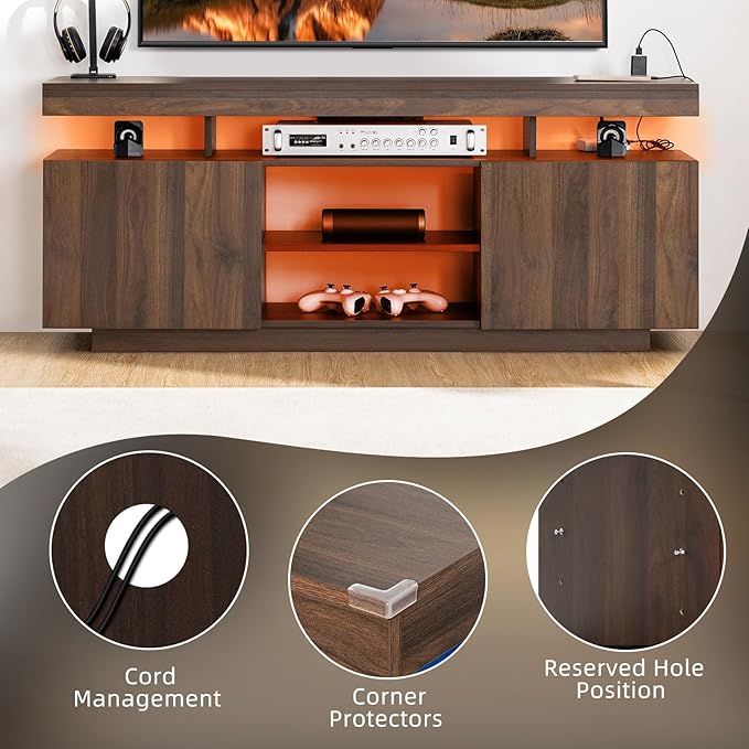 HOMMPA Modern LED TV Stand for 65/60/55 inch TV with Power Outlets, Gaming Console Storage Entertainment Center with LED Lights Game Cabinet for Living Room Walnut