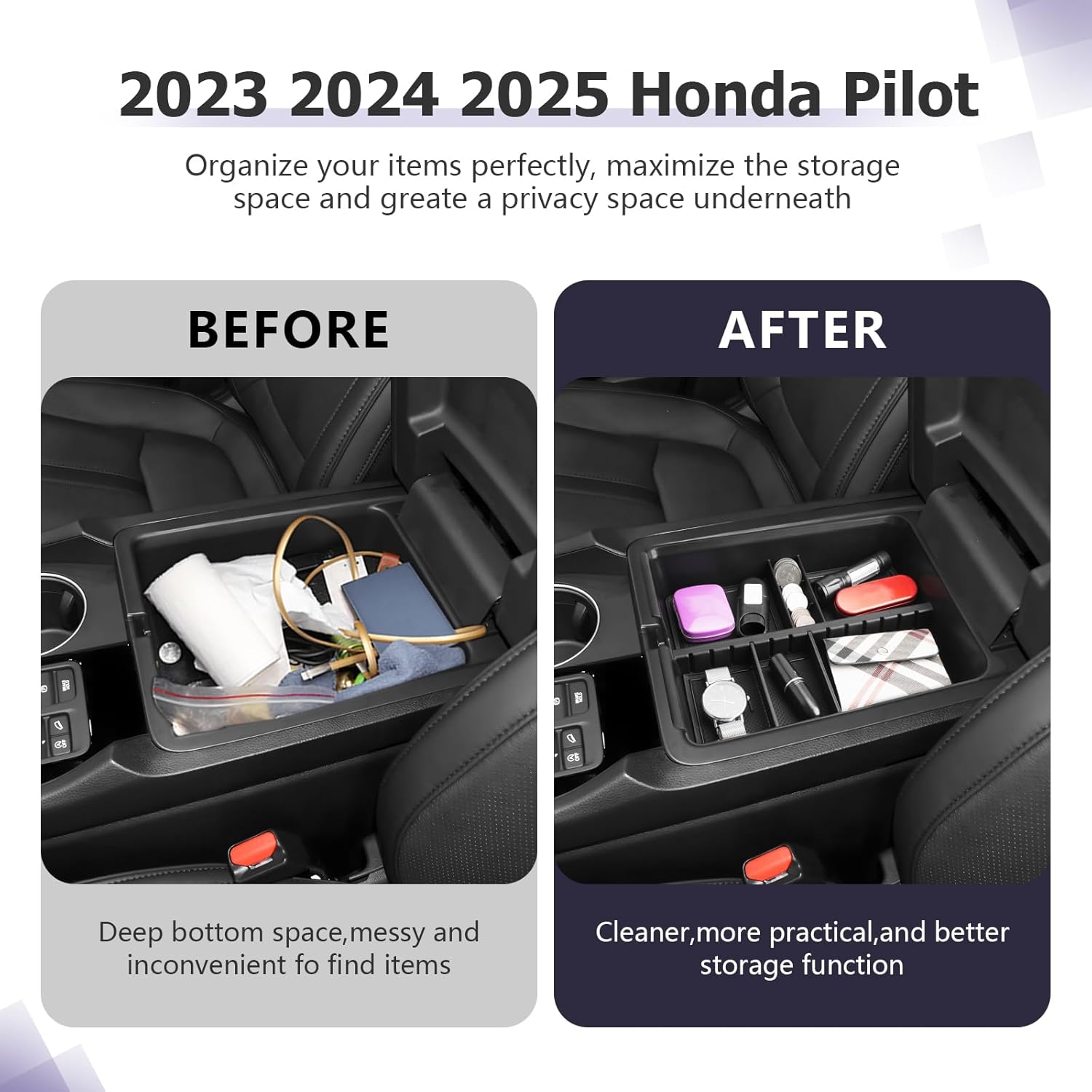 Center Console Organizer Compatible with 2023 2024 2025 Honda Pilot & 2024 2025 Ridgeline & 2024 2025 2026 Honda Passport Accessories Armrest Console Organizer Armrest Organizer Insert Tray (Black A)