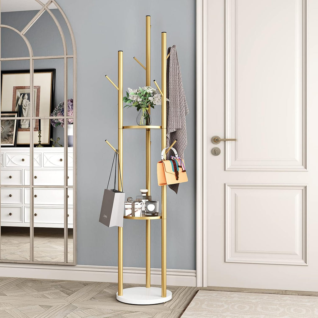 DOORXIFO Metal Gold Coat Racks Freestanding, Coat Hanger Stand, Hall Tree Rack for Hanging Hats, Scarves, Bags, Modern Coat Rack with Double Shelves, Corner Coat Rack, 9 Hooks, Gold