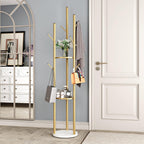 DOORXIFO Metal Gold Coat Racks Freestanding, Coat Hanger Stand, Hall Tree Rack for Hanging Hats, Scarves, Bags, Modern Coat Rack with Double Shelves, Corner Coat Rack, 9 Hooks, Gold