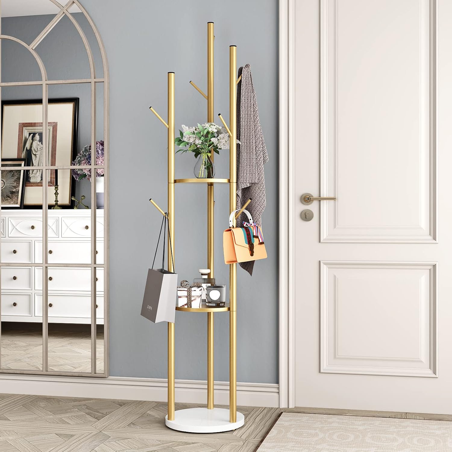 DOORXIFO Metal Gold Coat Racks Freestanding, Coat Hanger Stand, Hall Tree Rack for Hanging Hats, Scarves, Bags, Modern Coat Rack with Double Shelves, Corner Coat Rack, 9 Hooks, Gold
