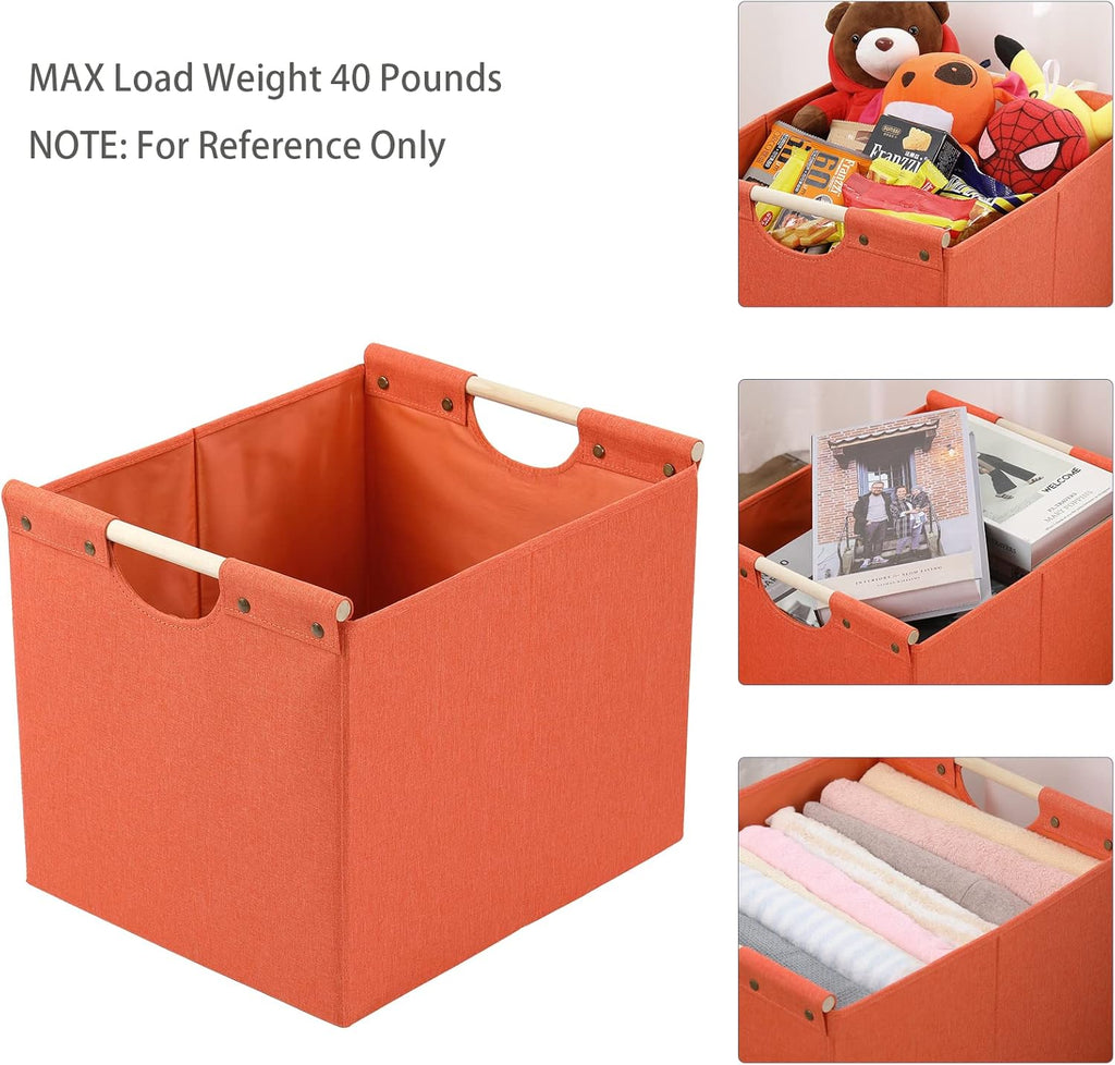 HOONEX Large Collapsible Storage Bins, Linen Fabric, Pack of 2, Storage Baskets with Wooden Carry Handles and Sturdy Heavy Cardboard, for Home, Office, Car, Nursery, Orange