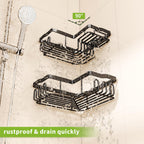 Corner Shower Caddy with Soap Holder, 2 Pack Stainless Steel Corner Shower Organizer with 11 Hooks, No Drilling & 6 Strong Adhesives Corner Shower Shelf Bathroom Organizer for Shower Room, Black