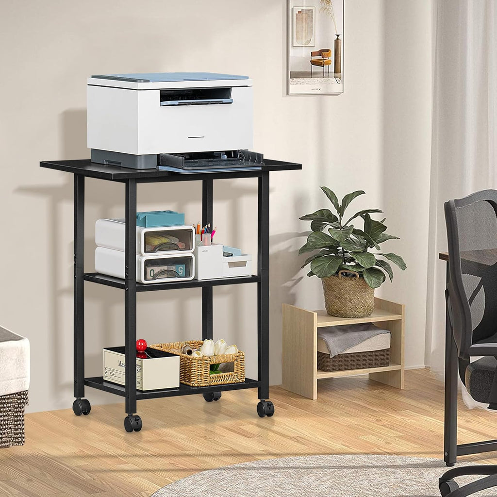 Lerliuo 3-Tier Printer Stand, Industrial Mobile Printer Table with Storage Shelf and Steel Frame, Rolling Printer Cart Holder with Lockable Wheels for Home, Office (Black)