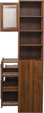 Jmyab 70.87" Tall Kitchen Pantry Cabinet, Kitchen Pantry with 4-Tier Side Shelf and 2 Drawers, Freestanding Storage Cabinet with Microwave Stand for Dining Room, Walnut