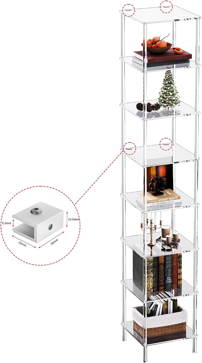 Acrylic Bookshelf, Small Bookcase, Standing Freestanding Corner Storage Shelves Display Shelf for Living Room, Bedroom (Clear, 8 Tier)