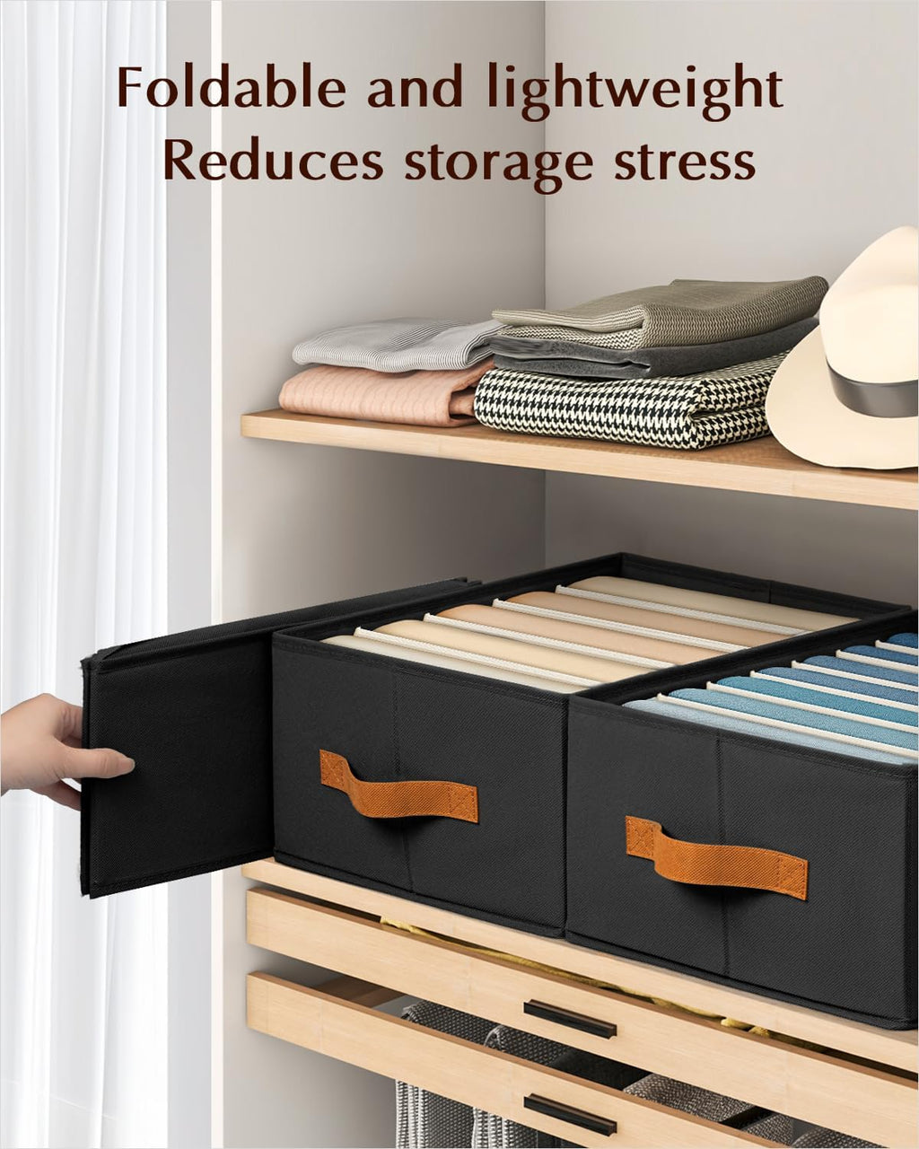 Clothes Organizers and Storage - 4/5/7 Grids Fabric Jeans Organizer with Handles, Foldable Closet Organizers Dividers, Wardrobe organizer for Pant, Sweater, T-shirt, Scarf, 3 Pack, Black