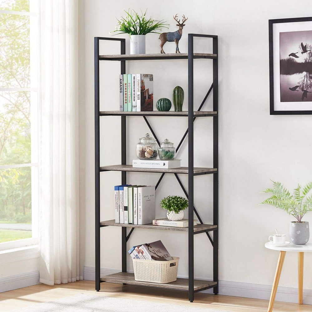Industrial Bookshelf, Etagere Bookcases and Book Shelf 5 Tier Shelves, Grey W...