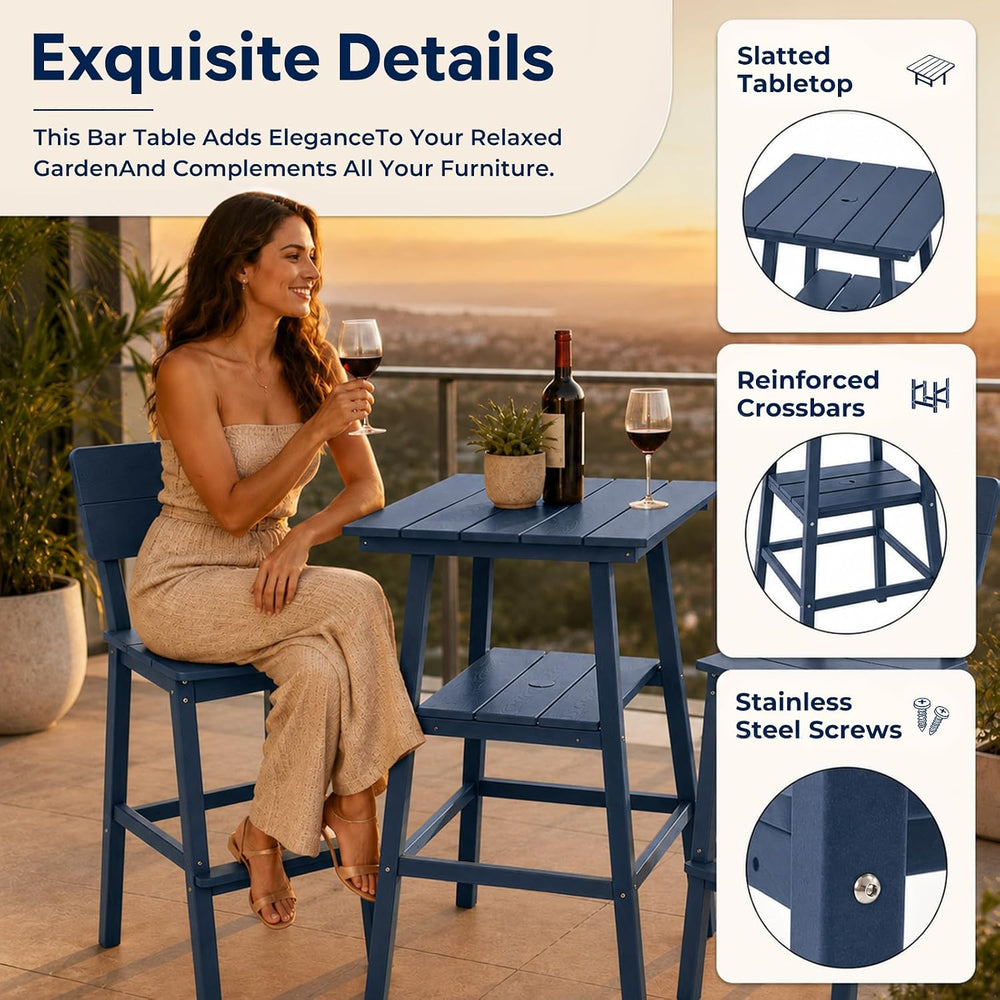 HDPE Square Outdoor Bar Table, All-Weather Bar Height Patio Table, Navy Blue