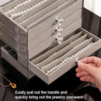 SPAKOWN Necklace Organizer Box, Velvet Necklace Box Holder Tray with Clear Lid Chains Showcase Stackable Necklace Storage for Pendant Bracelet (5 Drawers - Grey)