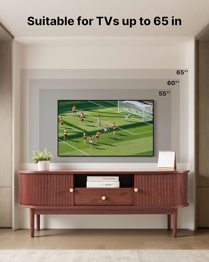 VEVOR Boho Fluted TV Stand with Storage and Drawer, for 55/60/65 inch TVs, Mid Century Modern Entertainment Center TV Console with Sliding Tambour Door & Open Shelves for Living Room, Bedroom, Walnut
