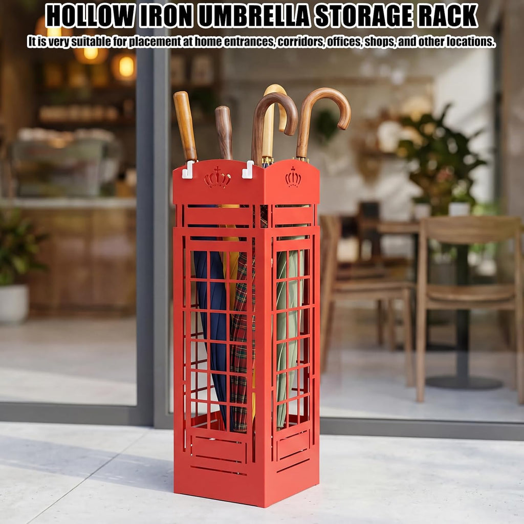 Square Metal Umbrella Holder, Square Free Standing Umbrella Rack Decorative Umbrella Holder Hollow Cutout Pattern Design for Umbrella Cane Entryway Home Office 19.49" X 6.1" X 6.1"(Red hollowed out)