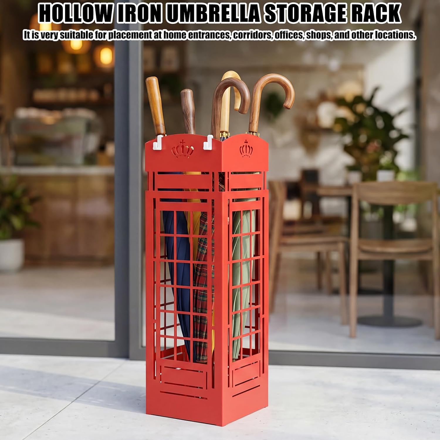 Square Metal Umbrella Holder, Square Free Standing Umbrella Rack Decorative Umbrella Holder Hollow Cutout Pattern Design for Umbrella Cane Entryway Home Office 19.49" X 6.1" X 6.1"(Red hollowed out)