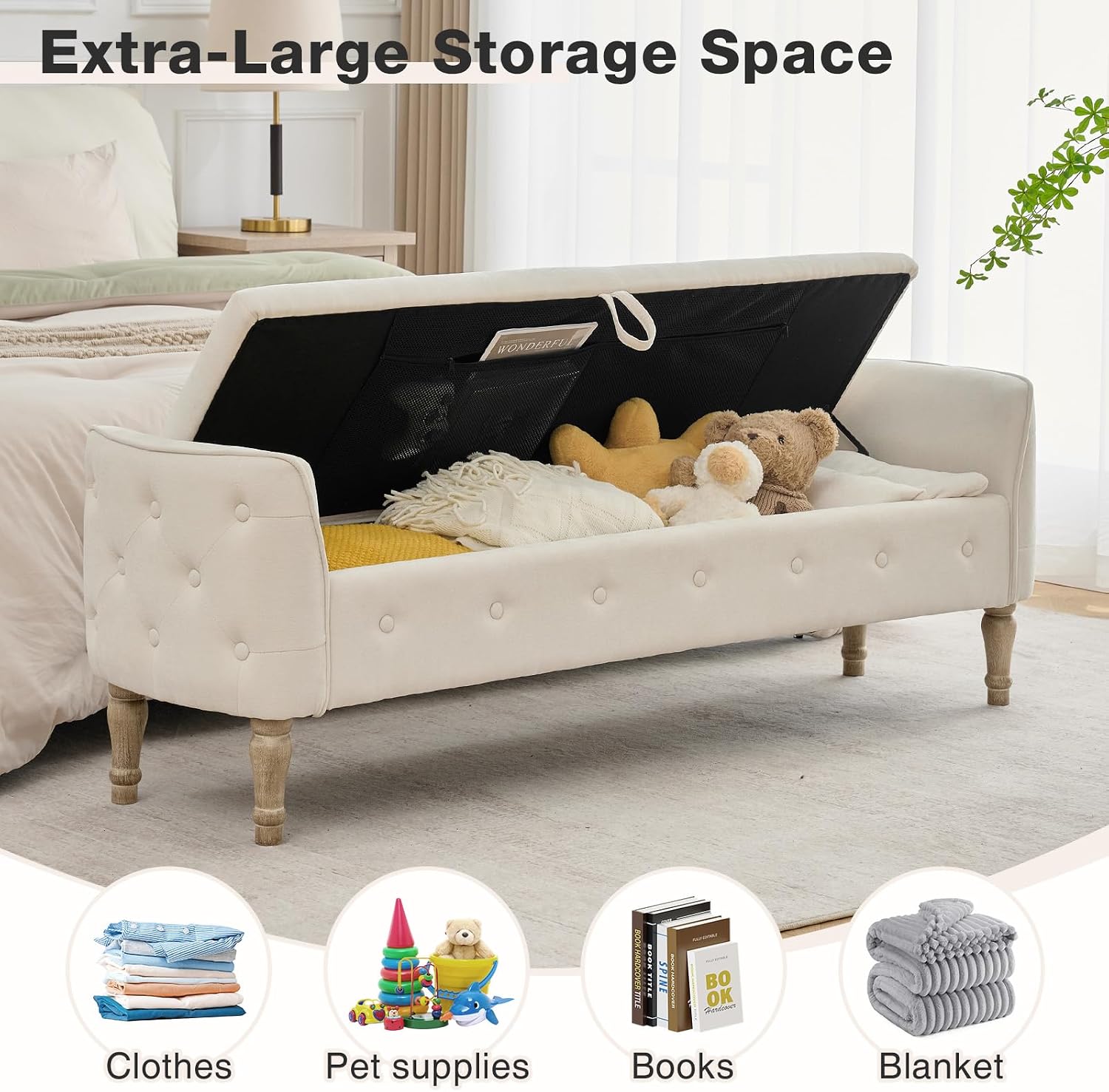 67"End of Bed Storage Bench King Size,Upholstered Bedroom Bench,Beige | Linen Storage Bench for Bedroom End of Bed ,2 Cushion, Vintage Wood Legs ,Tufted,Storage Ottoman Bench for Entryway Window