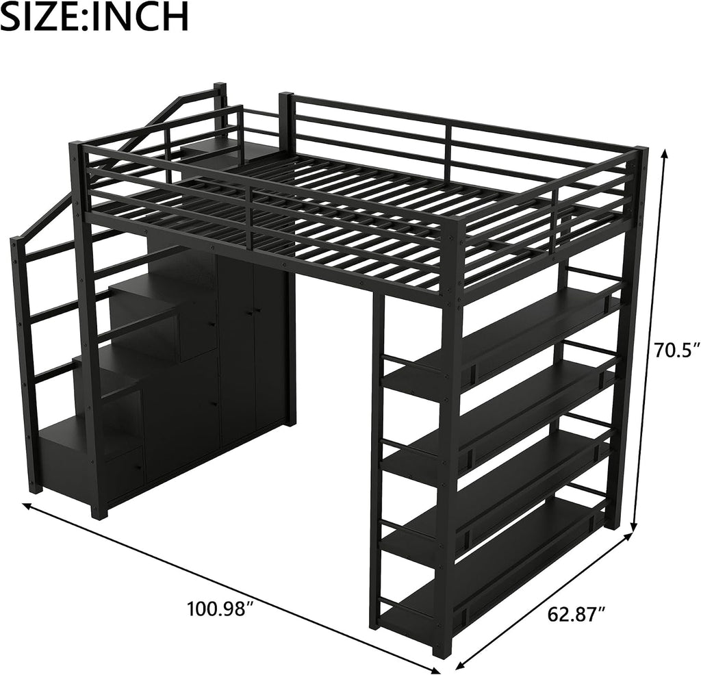 Merax Queen Size Metal Loft Bed with Wardrobe & Storage Staircase, 4-Tier Shelves, Full-Length Guardrails, 400 lbs Capacity, No Box Spring Needed Easy Assembly for Bedroom, Black