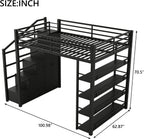 Merax Queen Size Metal Loft Bed with Wardrobe & Storage Staircase, 4-Tier Shelves, Full-Length Guardrails, 400 lbs Capacity, No Box Spring Needed Easy Assembly for Bedroom, Black