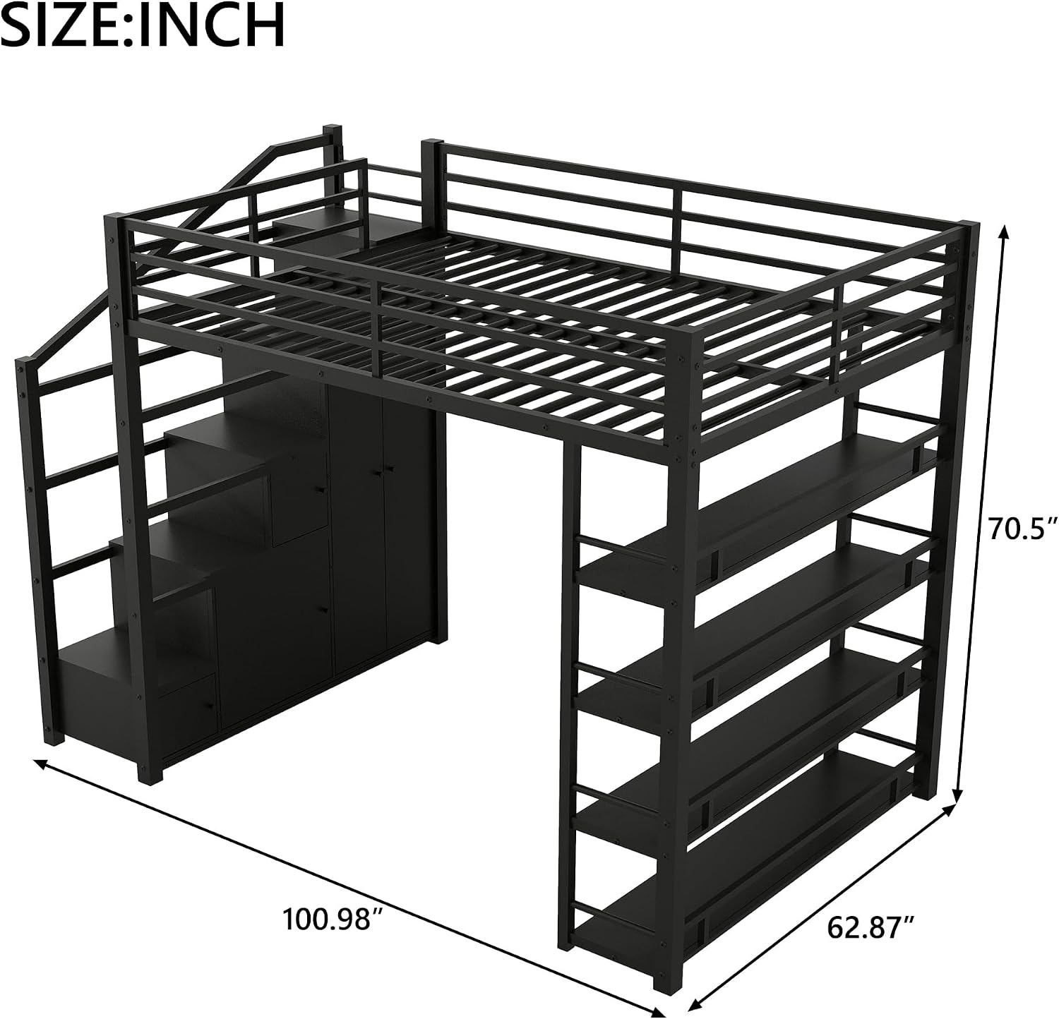 Merax Queen Size Metal Loft Bed with Wardrobe & Storage Staircase, 4-Tier Shelves, Full-Length Guardrails, 400 lbs Capacity, No Box Spring Needed Easy Assembly for Bedroom, Black