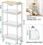 TIPGO Utility Slim Storage Cart, 4 Tier Rolling Cart with Wheels, Narrow Storage Cabinet for Bathroom, Laundry Shelves for Room Organization, Small Organizer for Kitchen, Office and Dorm (White)