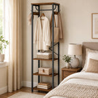 Coat Rack with Hanging Rod, Garment Rack with 3 Wooden Shelves and 4 Hooks, Freestanding Hall Tree, Industrial Clothes Rack Stand Organizer, Rustic Brown and Black