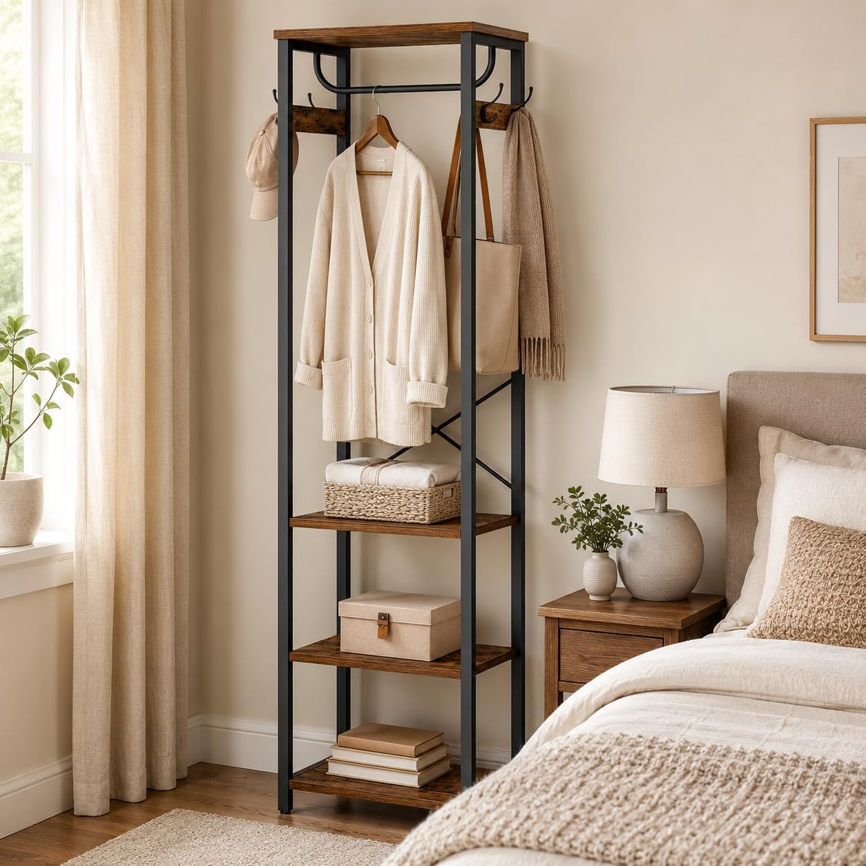 Coat Rack with Hanging Rod, Garment Rack with 3 Wooden Shelves and 4 Hooks, Freestanding Hall Tree, Industrial Clothes Rack Stand Organizer, Rustic Brown and Black