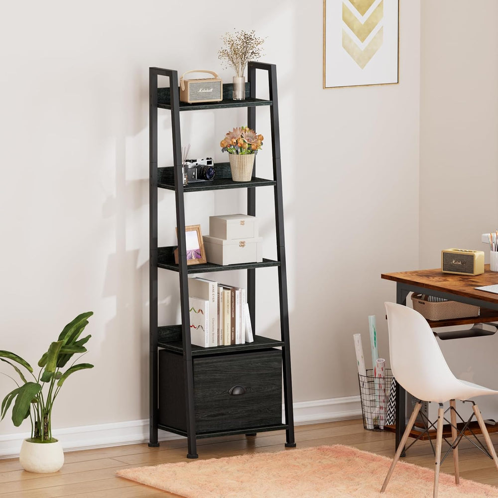 Furologee Ladder Shelf, 5 Tier Bookshelf with Fabric Drawer, Black Oak