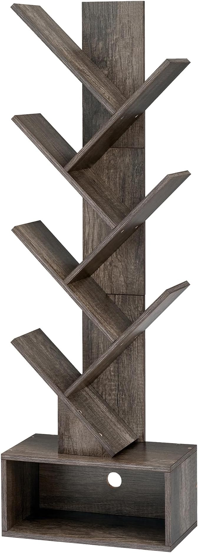 Hoctieon 6 Tier Tree Bookshelf, Tall Bookcase with Drawer, Freestanding Book Shelf, Display Floor Standing Storage Shelf, Book Organizer Shelves for Home Office, Living Room, Bedroom, Grey