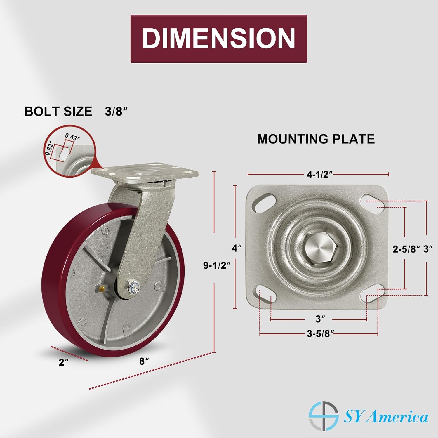 SY America 8" X 2" Casters Wheels,Heavy Duty Industrial Casters，Polyurethane on Aluminum Wheels,2 Swivel Casters,3200 LBS Load Capacity