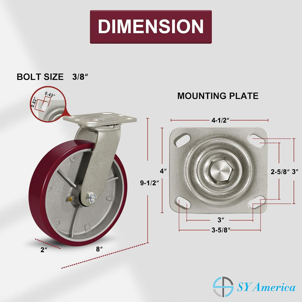 SY America 8" X 2" Casters Wheels,Heavy Duty Industrial Casters，Polyurethane on Aluminum Wheels,1 Swivel Casters,1600 LBS Load Capacity