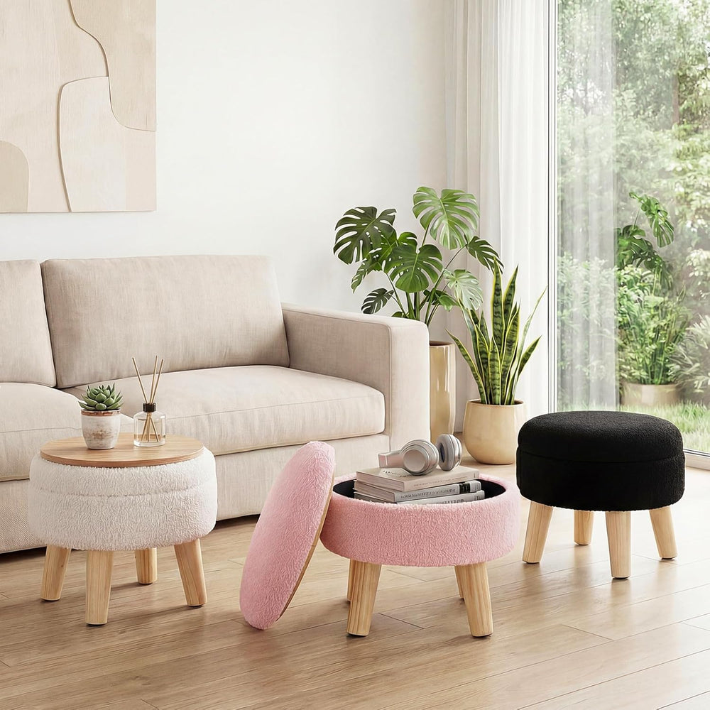 DUMOS Round Storage Ottoman Foot Rest, Compact Boucle Upholstered Footstool w...