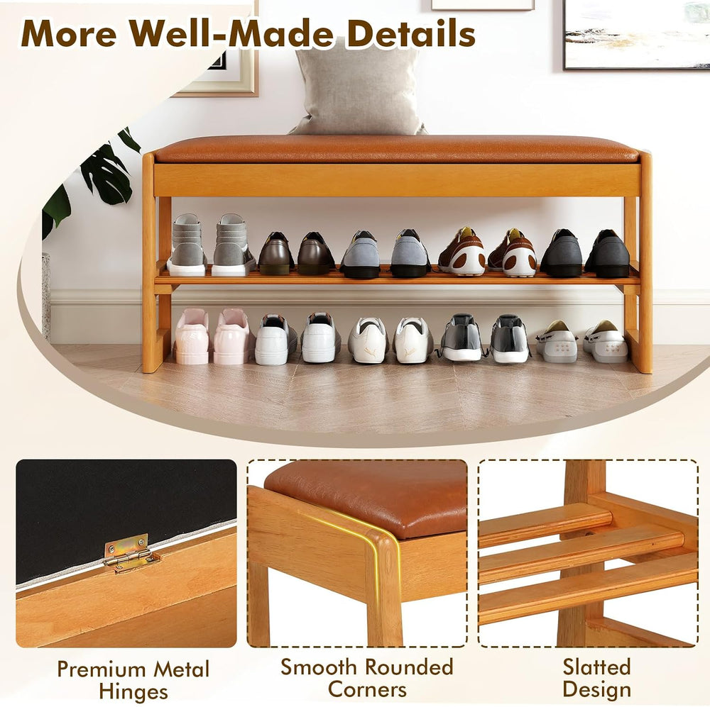 Giantex Shoe Rack Bench with Storage, Rubberwood Entryway Bench with Faux Lea...