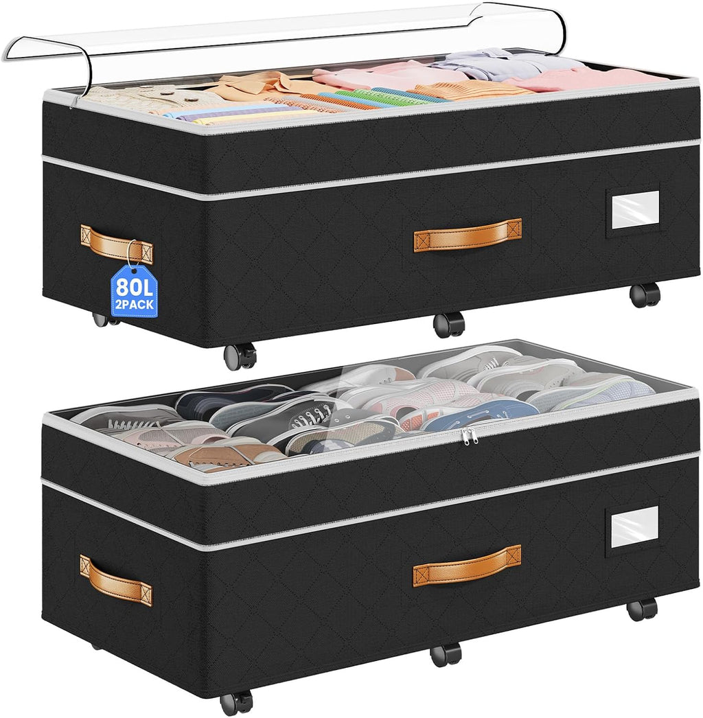 80L 2 Pack Adjustable Under Bed Storage with Wheels | Underbed containers with clear lids, rolling under bed shoe storage organizer for dorm home clothes, blankets, toys, black