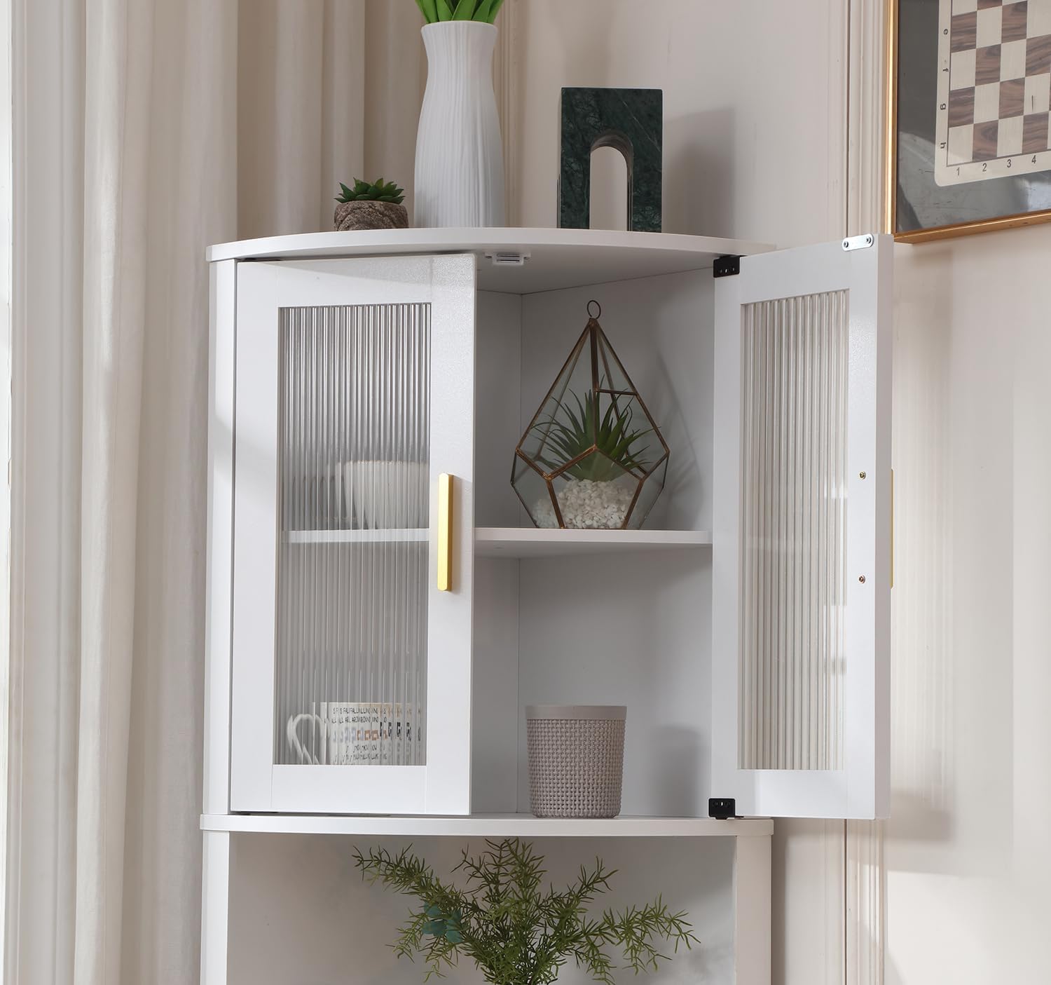 FOREST GRAVITY Modern Corner Storage Cabinet with Fluted Doors | For Kitchen; For Bathroom; Glass Doors; Fluted Design; Large Storage; Pentagon Design; White