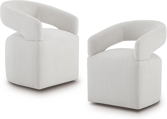 Upholstered Dining Chairs with Casters, Modern Barrel Side Armchair with Rollers for Dining Room, Bedroom, Kitchen, Reading Room, Linen, Set of 2