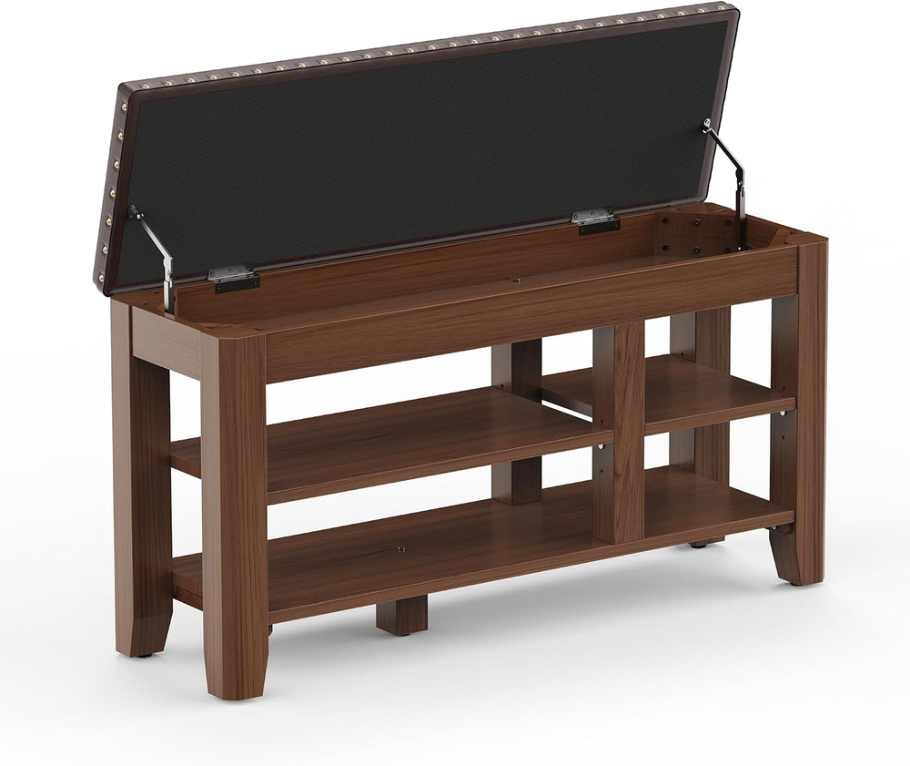 Shoe Bench for Entryway, Solid Rubberwood Shoe Bench with Hidden Storage, Adj...