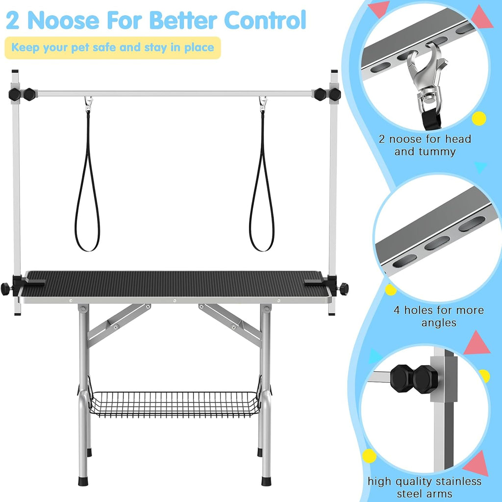 Lyromix 42''Large Dog Grooming Table, Adjustable Cat Drying Desktop with Arms, Nooses, Mesh Tray, Foldable Pet Station at Home, Maximum Capacity Up to 330Lb, 42inch, Black