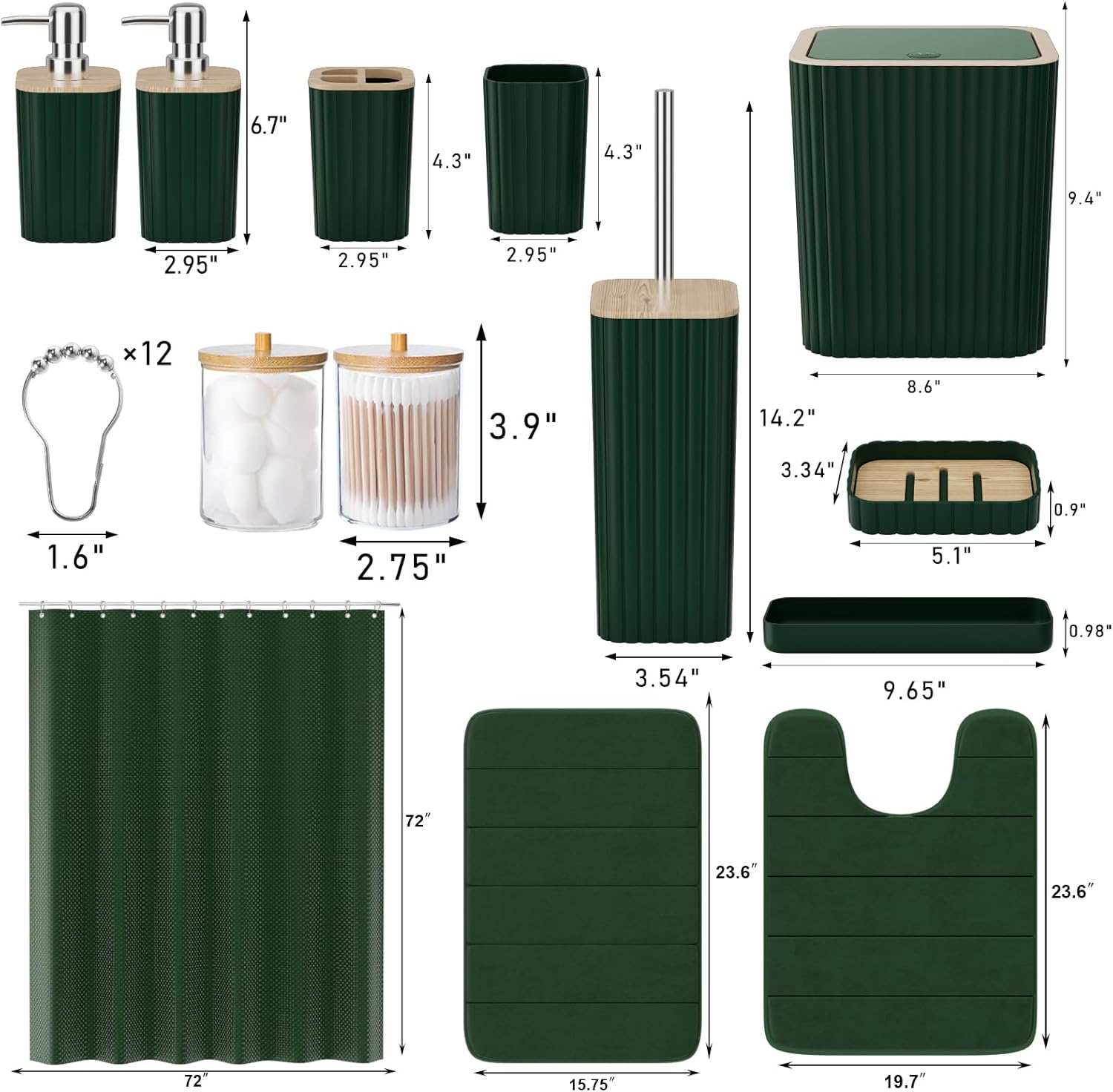 Bathroom Accessories Set - 25PC Green Bathroom Set, Bathroom Set with Shower Curtain and Rugs, Green Shower Curtain Set, Toilet Brush, Bathroom Trash Can