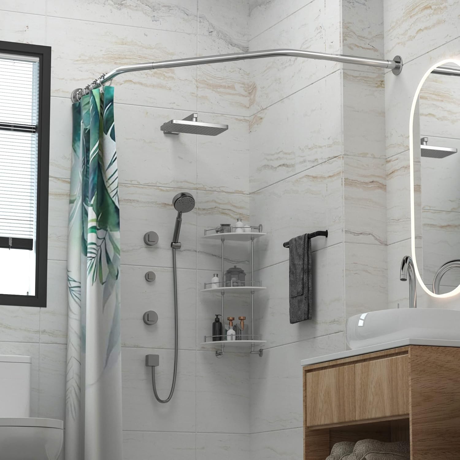 Corner Shower Curtain Rod Adjustable Stainless Steel Diamond Shaped Rack Drill Free Install for Bathroom, Bathtub, Clothing Store (Diamond Shaped, Both Sides: 17"-25.6",Middle:20"-26)